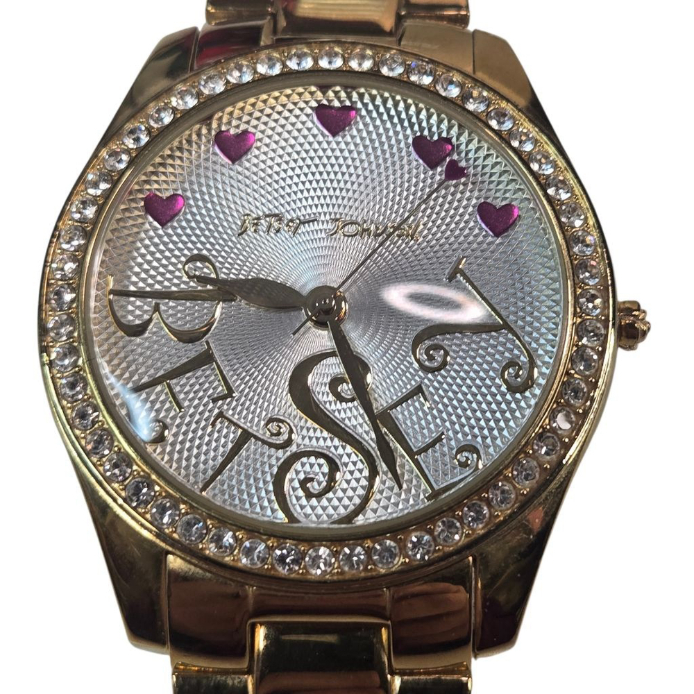 Betsey Johnson Watch GoldTone Crystal Bezel Hearts Battery Works silvertone face